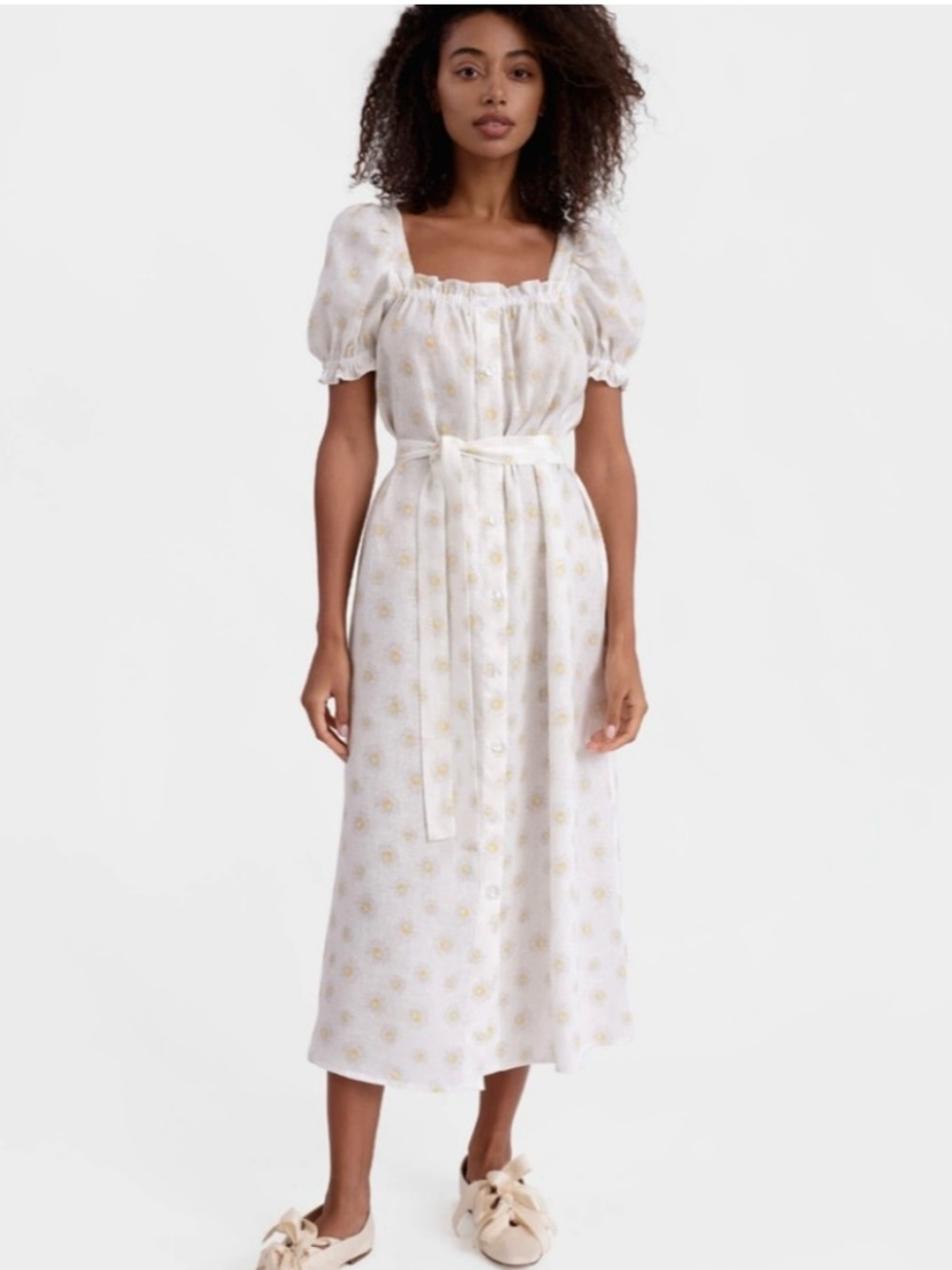 Sleeper White Midi Dress with Puff Sleeves and Yellow daisy  Floral Print
